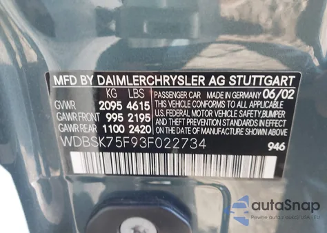 2003 Mercedes-Benz Sl 500 from USA, damaged, VIN WDBSK75F93F022734